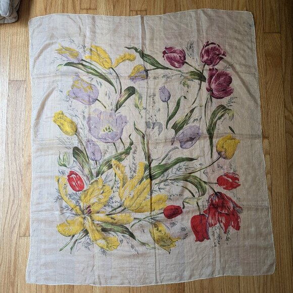 Accessories - vintage 60s 70s silk hair scarf floral retro tulips cottagecore 34" x30.5" large